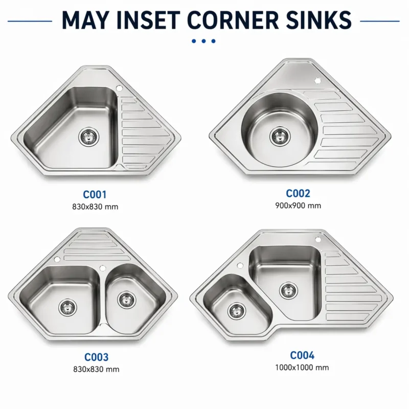 May stainless steel inset corner kitchen sinks