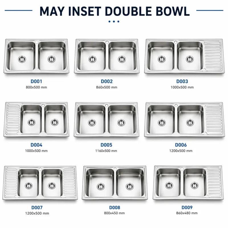 May stainless steel inset double bowl kitchen sinks