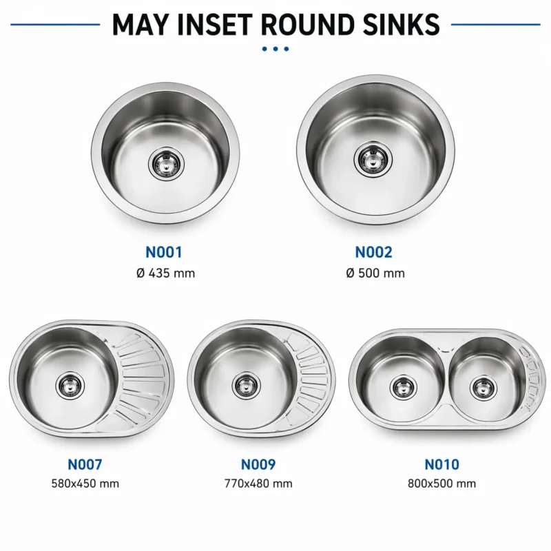 May stainless steel inset round kitchen sinks