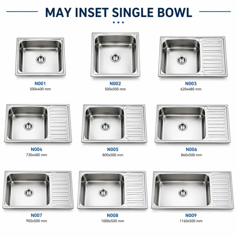 May stainless steel inset single bowl kitchen sinks