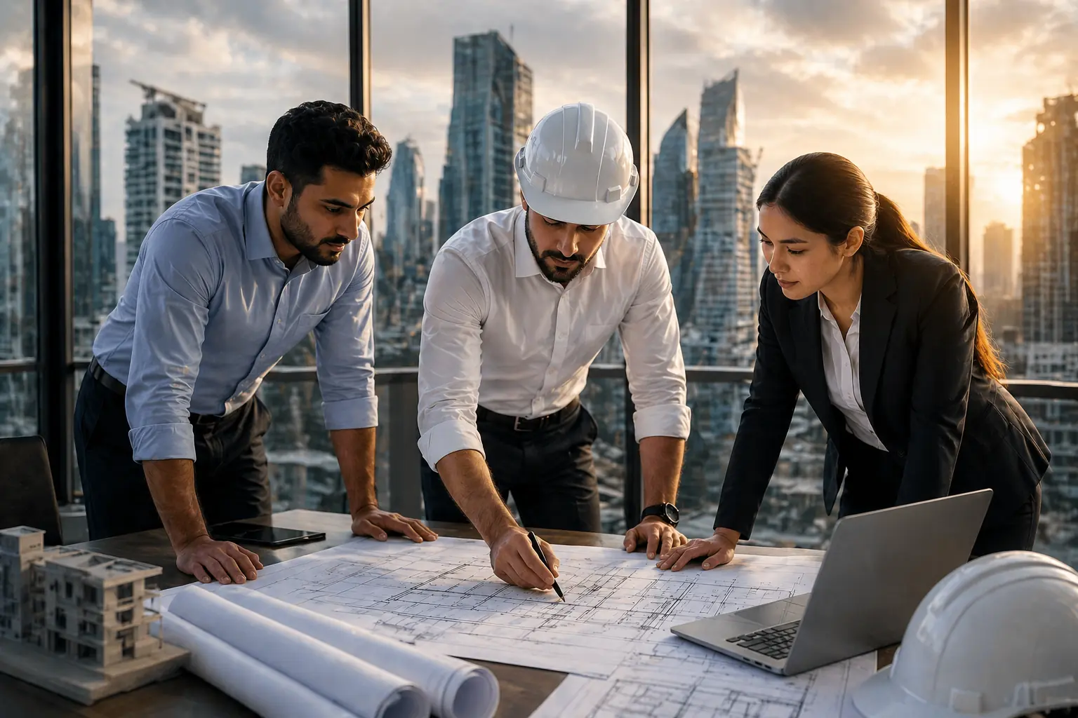 Professional engineers reviewing architectural plans in a modern office