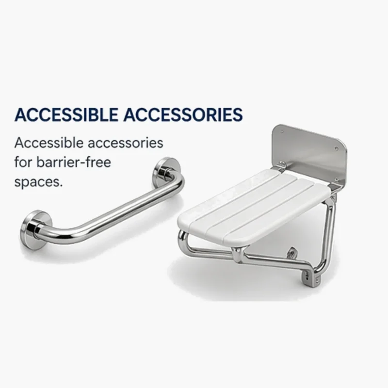 Accessible bathroom accessories including grab bars and shower seats for safety and mobility support