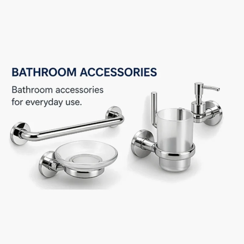 Bathroom accessories including towel holders, soap dispensers, and organizers for modern sanitary spaces