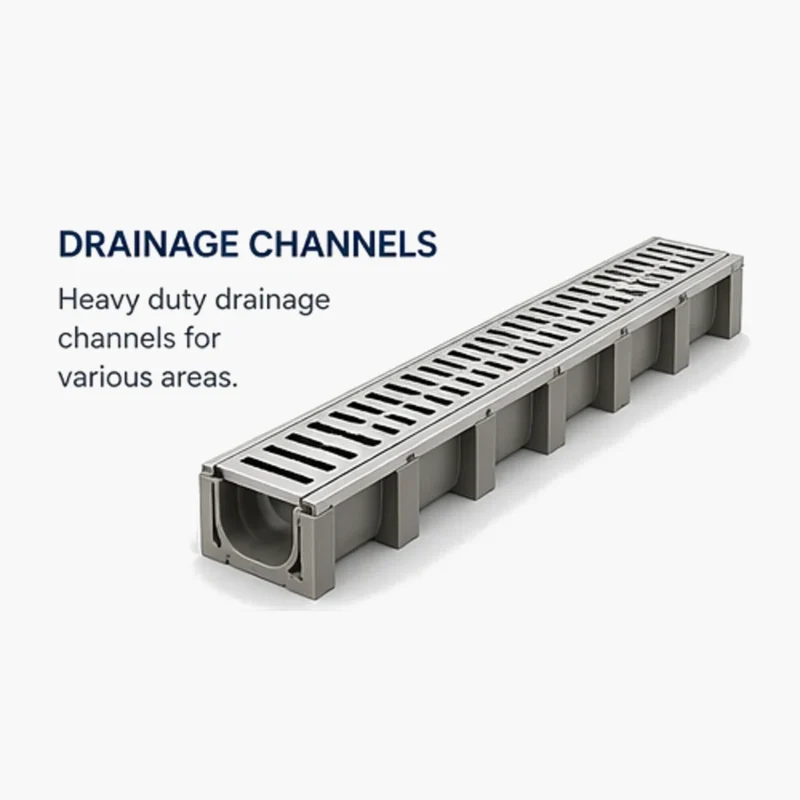 Drainage channels for surface water management in driveways, parking areas, and outdoor spaces