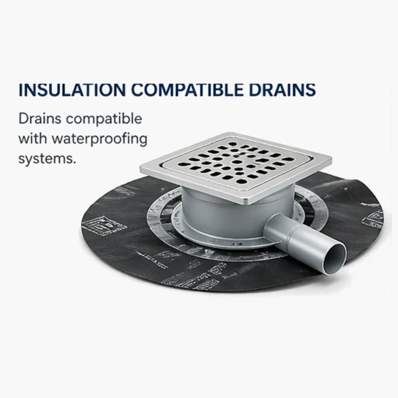 Insulation compatible drains for waterproofing systems and secure water drainage in roofs and wet areas