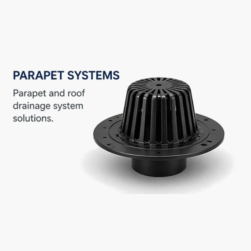 Parapet systems for roof drainage and water discharge in modern building construction